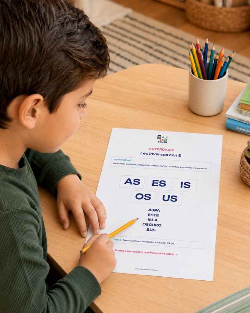 IMAGEN: un nene de 6 años juntando dos tarjetas de sílabas sobre la mesa mientras su papá lo mira