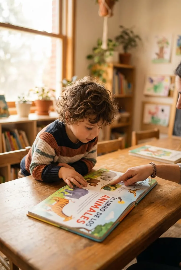 IMAGEN: una nena de 8 años leyendo en voz alta un cuento corto en el sillón, con el dedo debajo de las palabras