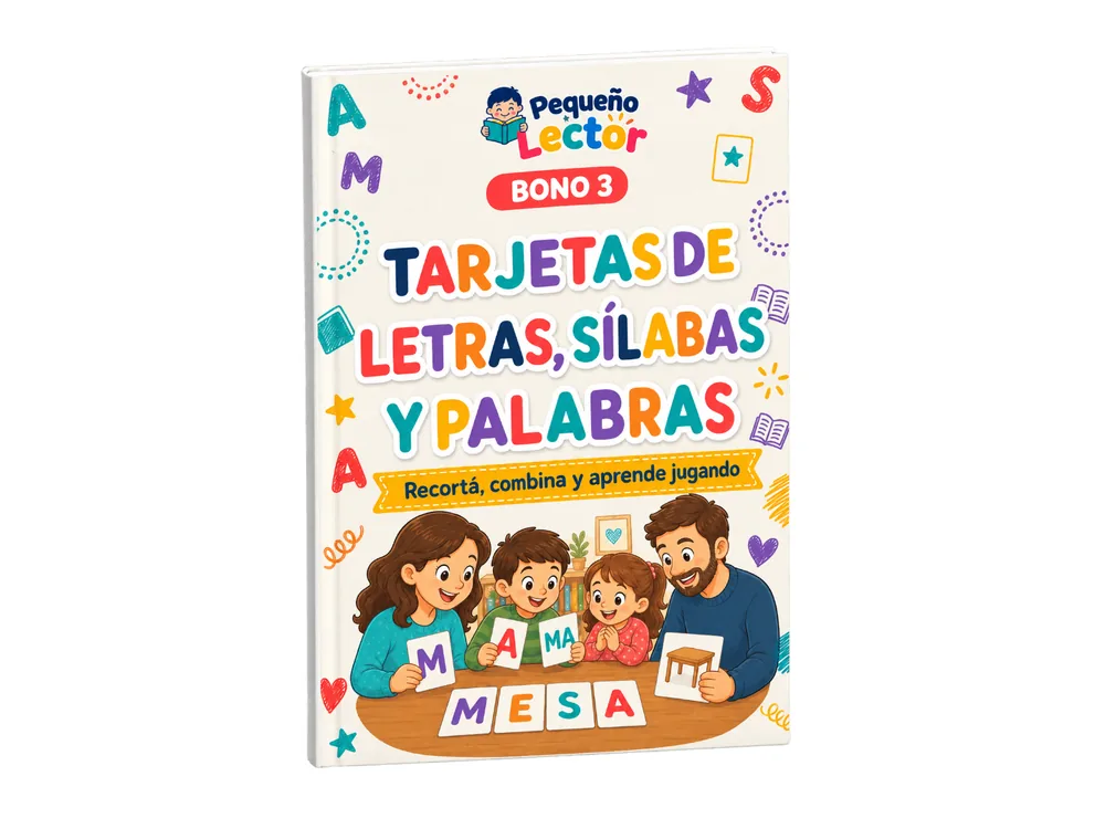 IMAGEN: mockup del bonus 3 de 6 — tarjetas recortables de letras, sílabas y palabras